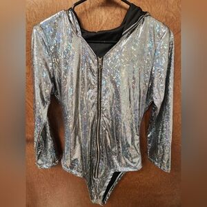 Metallic Super Shiny Silver Sequin Bodysuit With Hood Rave Wear